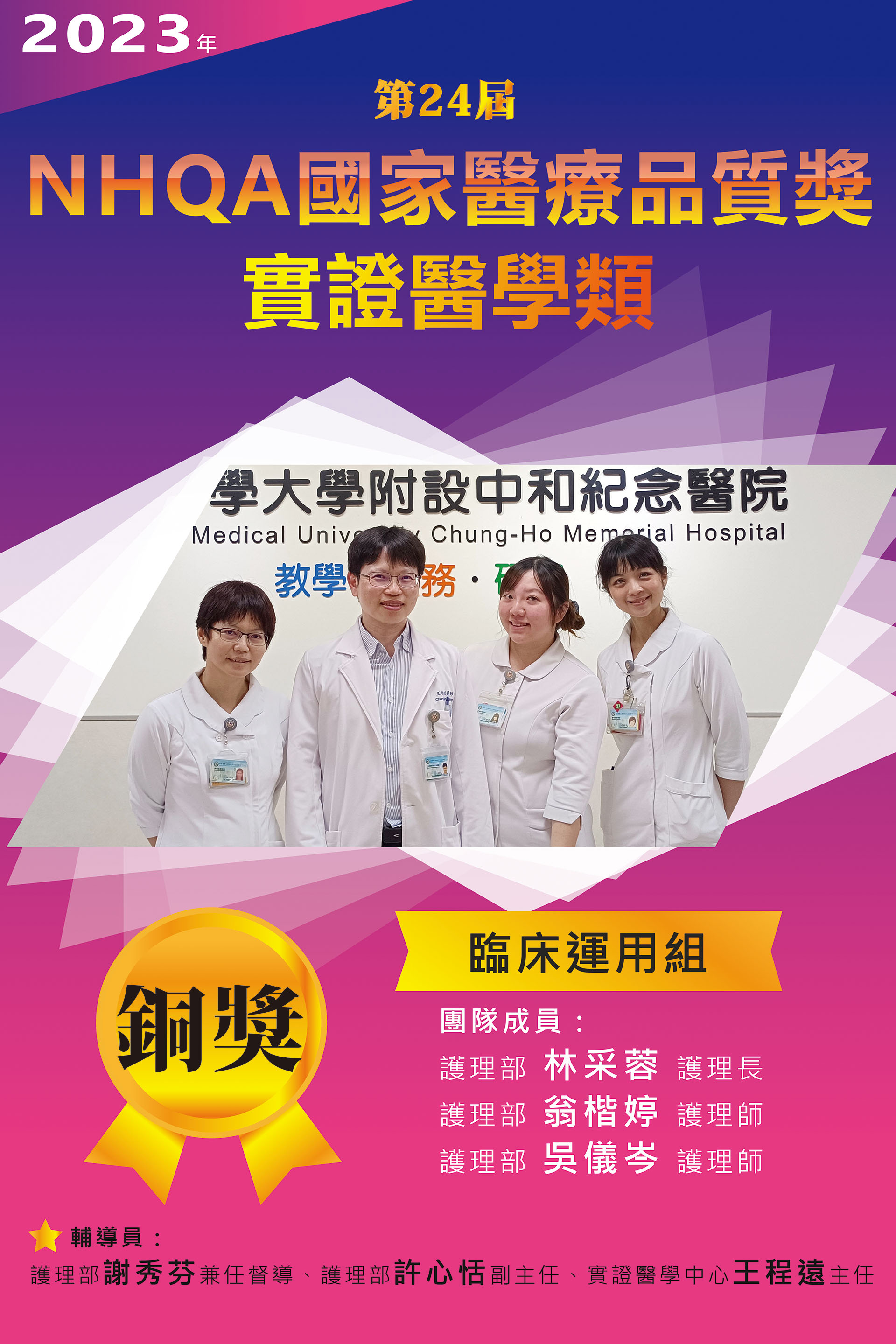 賀！2023年國家醫療品質獎【實證醫學類】競賽，榮獲臨床運用組-銅獎